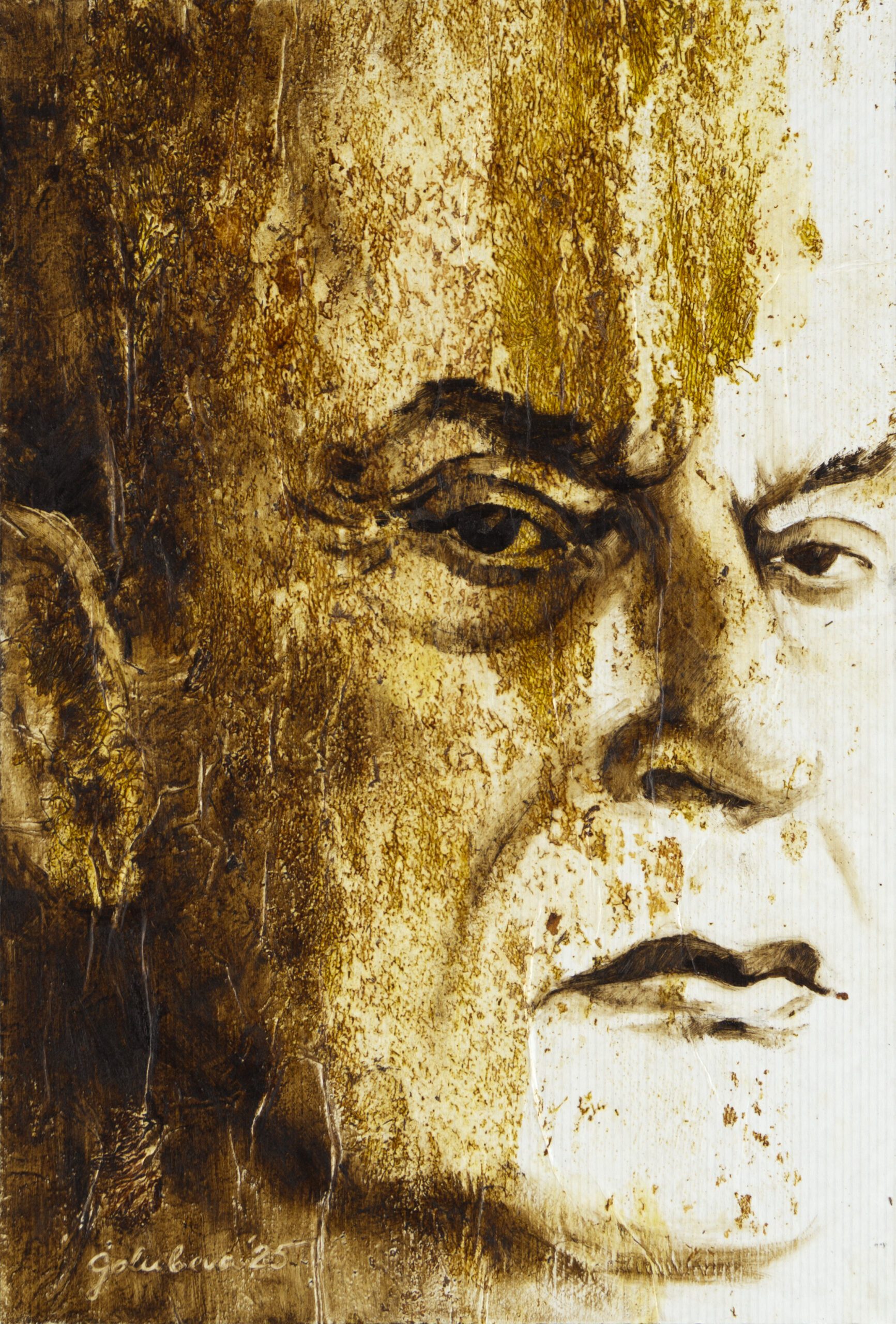 Gaze 2025 fungi oil paper wood 51x35cm Micopainting / Zoja Golubeva