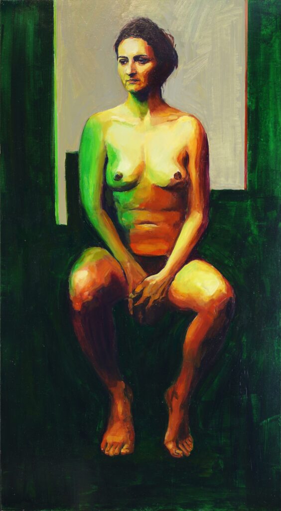 Nude Model Red Green 2017 oil wood 115х62см Zoja Golubeva
